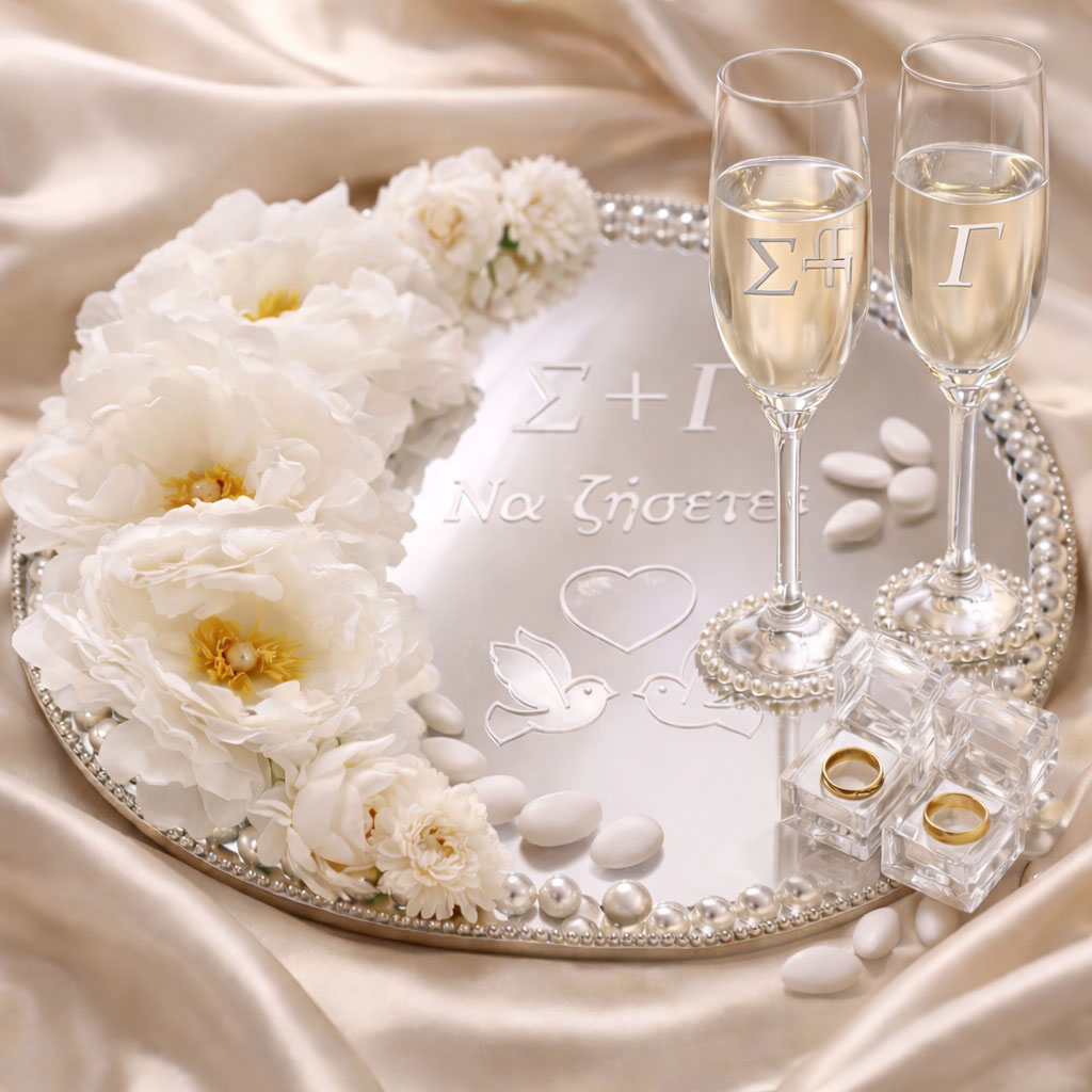 Προσωποποιημένος Wedding Tray με Καθρέπτη, Πέρλες & Λευκή Ανθοσύνθεση | White Elegant Collection - Image 2