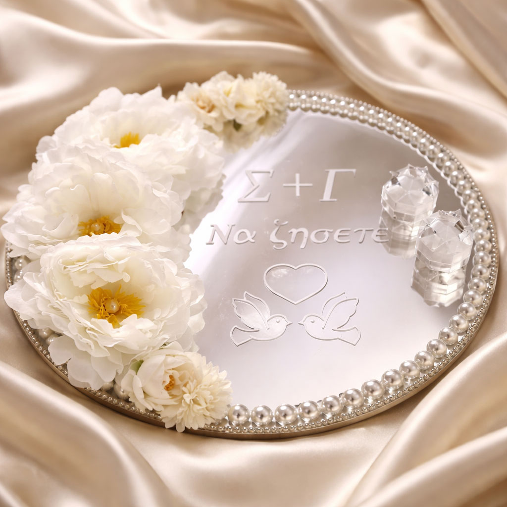 Προσωποποιημένος Wedding Tray με Καθρέπτη, Πέρλες & Λευκή Ανθοσύνθεση | White Elegant Collection - Image 3