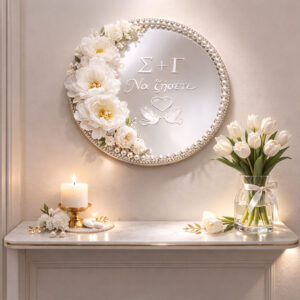 Προσωποποιημένος Wedding Tray με Καθρέπτη, Πέρλες & Λευκή Ανθοσύνθεση | White Elegant Collection